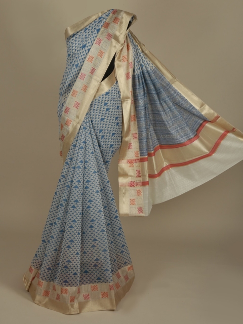 

Pothys Blue & Rose Gold Supernet Printed Saree