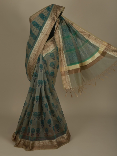 

Pothys Green & Gold-Toned Supernet Printed Saree