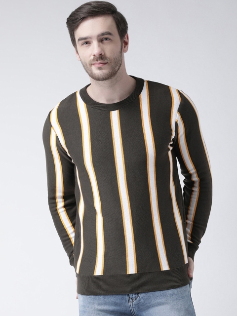 

Club York Men Olive Green & White Striped Pullover Sweater