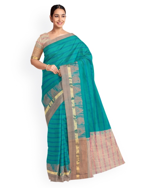 

KLM Fashion Mall Blue & Brown Linen Blend Striped Saree