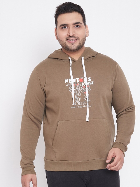 Instafab Plus Men Olive Brown Printed Hooded Sweatshirt