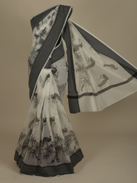 

Pothys White & Grey Supernet Solid Saree