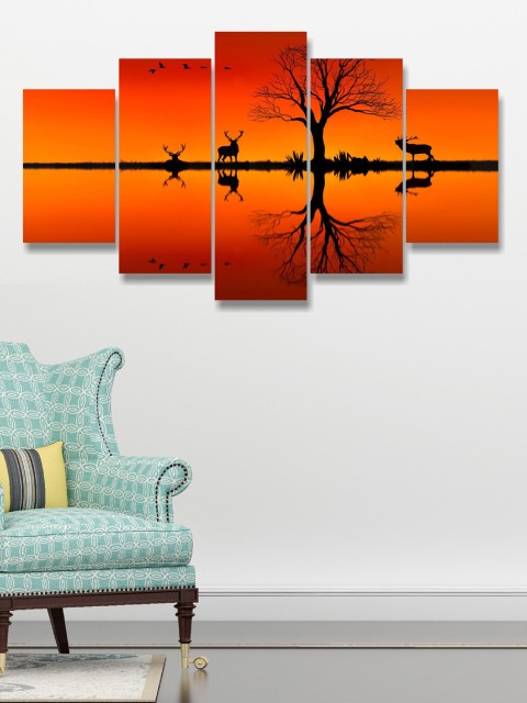

Go Hooked Set Of 5 Orange & Black Digitally Printed Wall Art