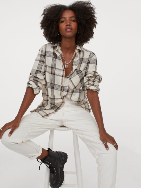 

H&M Women Off White & Black Cotton Shirt
