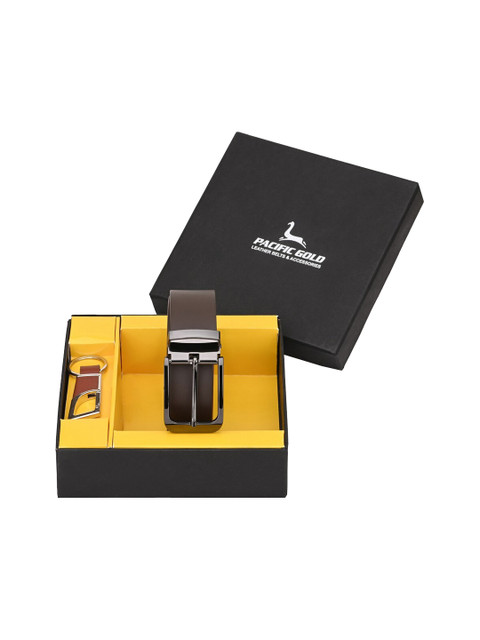 

Pacific Gold Men Brown Elegant Genuine Leather Brown Belt and Matching Keychain Accessory Gift Set