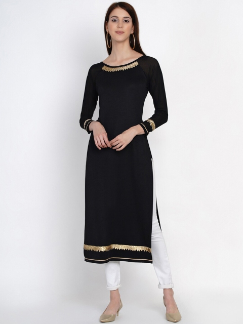 

Texco Women Black & Gold-Coloured Solid Straight Kurta