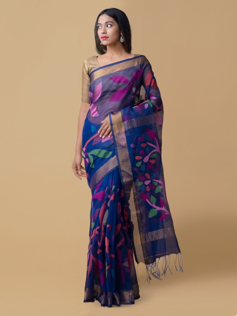 

Unnati Silks Blue Silk Cotton Printed Handloom Maheshwari Saree