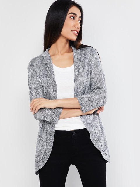 

max Women Grey Melange Striped Open-Front Shrug