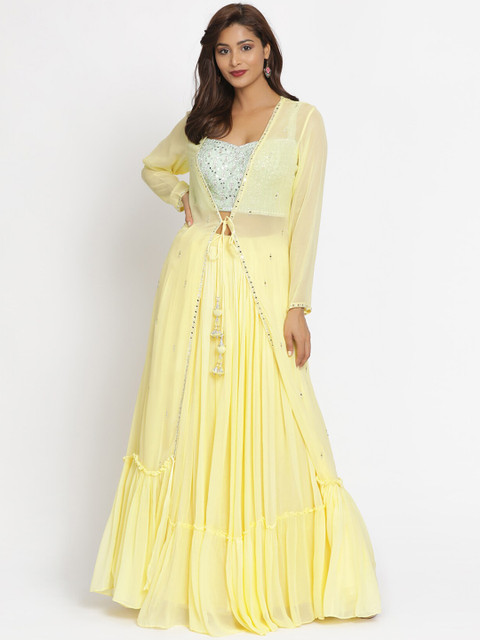 

Koskii Yellow & Sea Green Embellished Ready to Wear Lehenga & Blouse with Dupatta