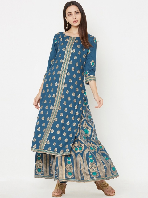 

FASHOR Women Teal Embroidered Kurta with Skirt