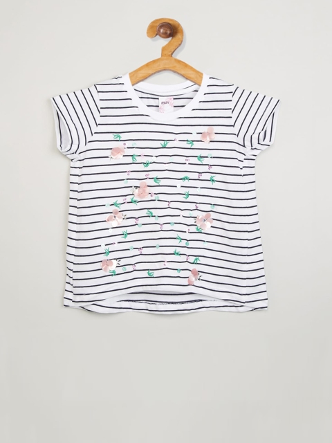 

max Girls White and Blue Striped Round Neck T-shirt
