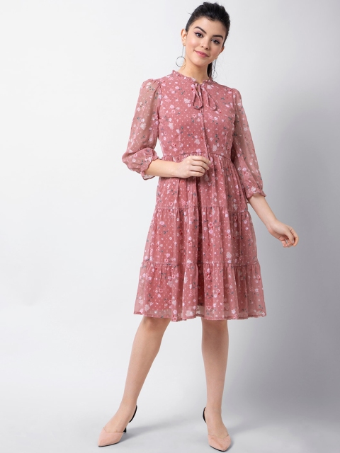 FabAlley Women Pink Printed Fit and Flare Dress