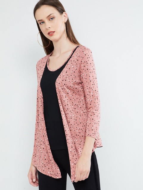 

max Women Peach-Coloured & White Printed Open Front Regular Shrug