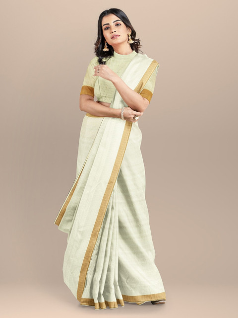 

BharatSthali Cream-Coloured & Gold-Toned Pure Cotton Woven Design Kasavu Sustainable Saree