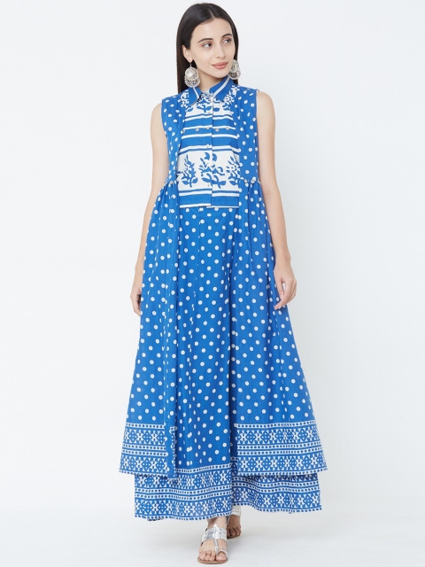 

FASHOR Women Blue & White Floral Printed Top with Skirt & Jacket