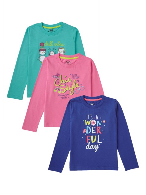 

Cub McPaws Girls Pack of 3 Multicoloured Printed Round Neck T-shirts, Navy blue