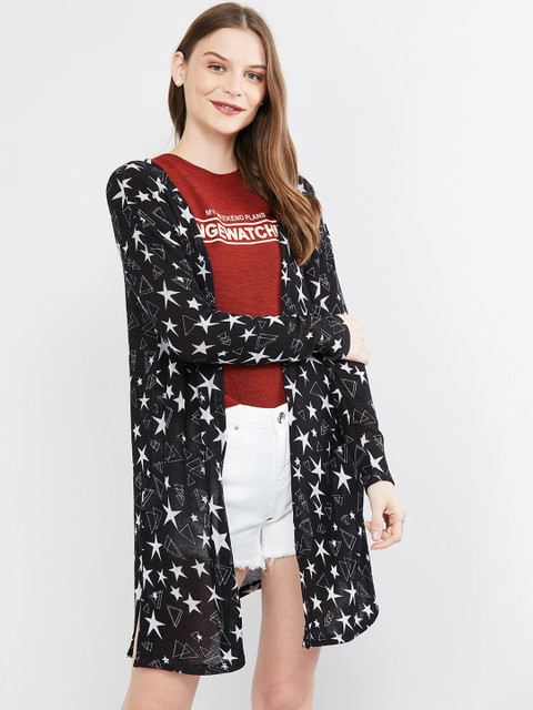 

max Women Black & White Printed Open Front Longline Shrug