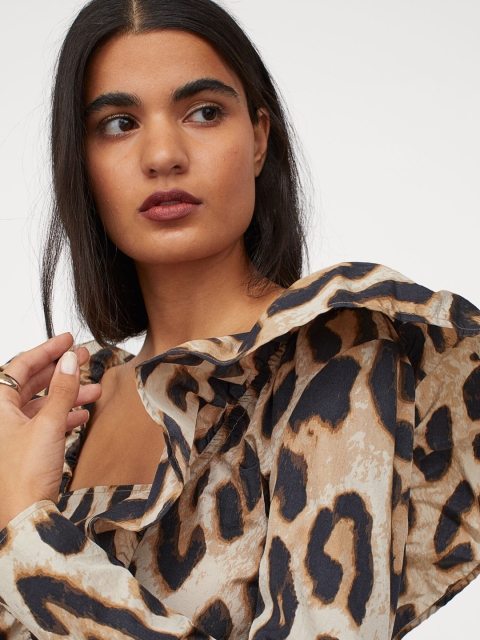 

H&M Women Beige & Brown Animal Print Flounce-Trimmed Dress