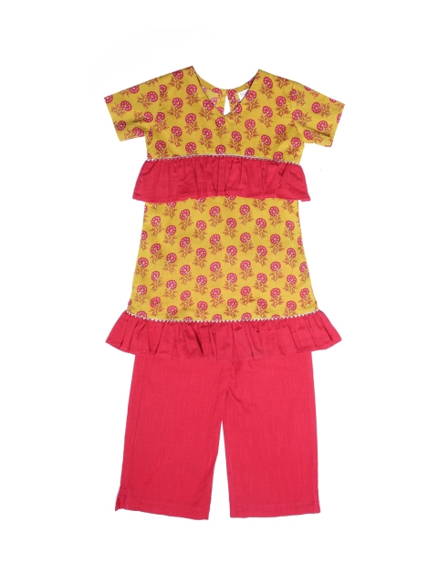 

Silai Bunai Girls Yellow & Red Printed Kurti with Trousers