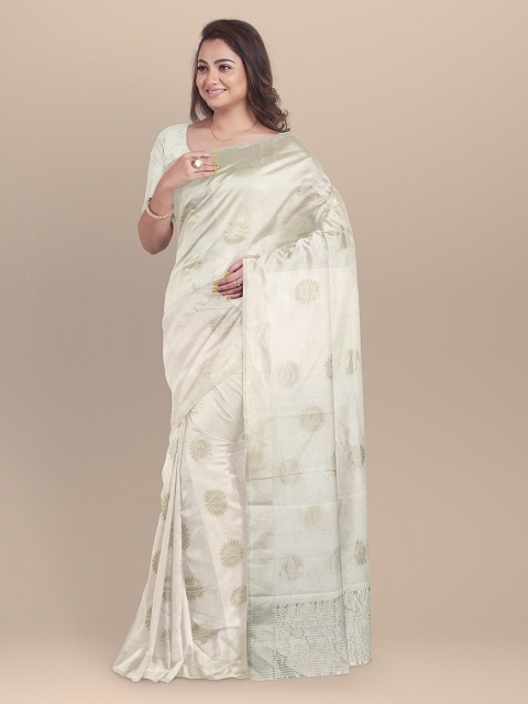 BharatSthali Cream-Coloured Woven Design Silk Cotton Chanderi Saree