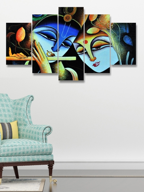 

Go Hooked Set Of 5 Blue & Yellow Digitally Printed Radha Krishna Wall Art