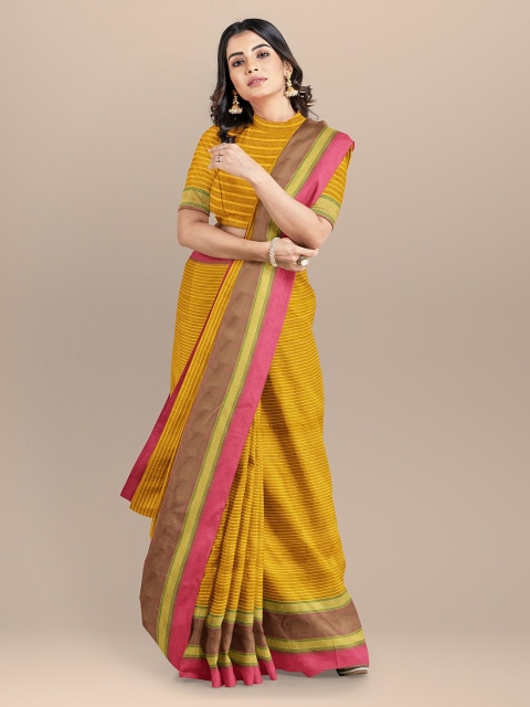 

BharatSthali Yellow Striped Silk Cotton Kota Sustainable Saree