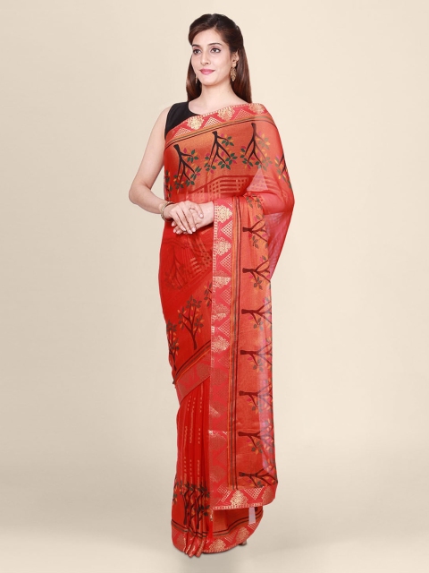 

CLAI WORLD Red Printed Handloom Saree