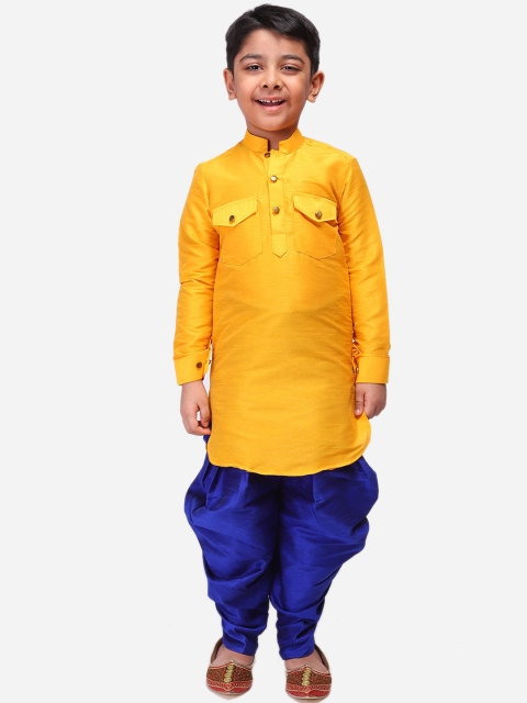 

NAMASKAR Boys Yellow & Blue Solid Kurta with Dhoti Pants