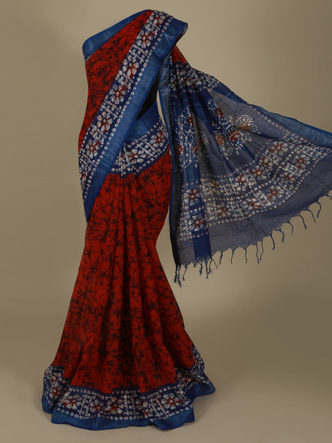 

Pothys Red & Blue Linen Blend Printed Saree