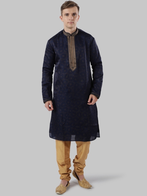 Ethnix by Raymond Men Navy Blue Woven Design Straight Kurta