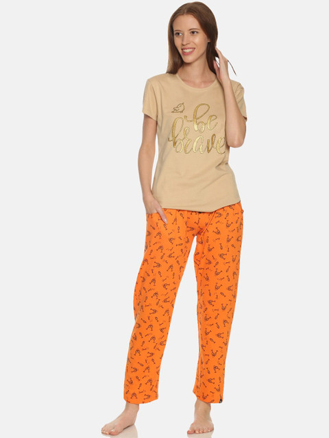

TWIN BIRDS Women Beige & Mustard Yellow Printed Night Suit