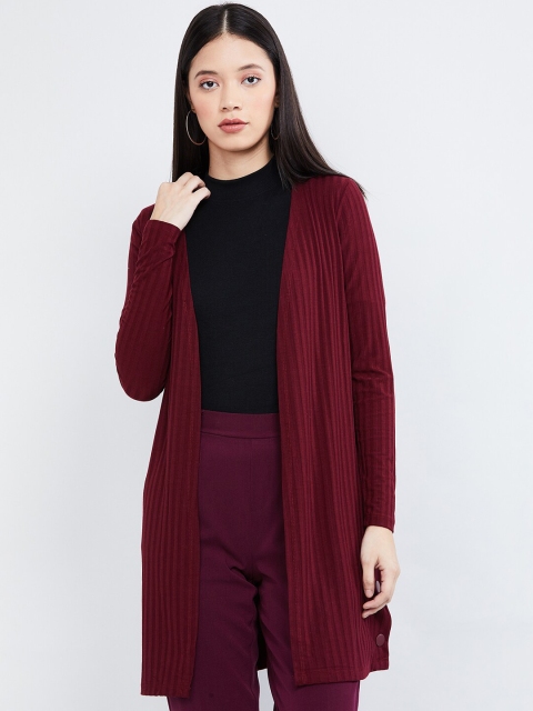

max Women Maroon Self-Striped Longline Shrug