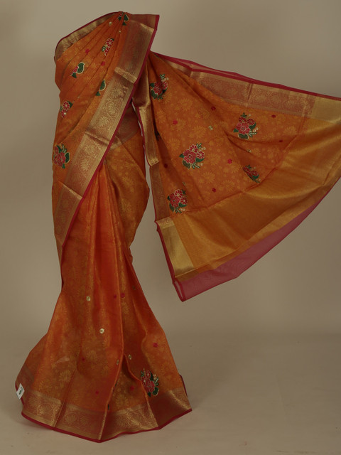 

Pothys Orange & Gold-Toned Jute Silk Woven Design Saree