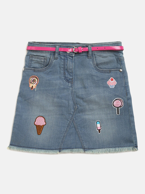 

ELLE Girls Blue Washed Denim Appliqued A-Line Mini Skirt