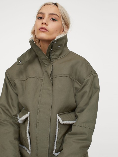 

H&M Women Green Solid Lined Canvas Jacket