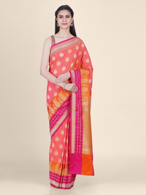 

Shruti and Mangaaysh Peach-Coloured Silk Blend Woven Design Handloom Banarasi Saree