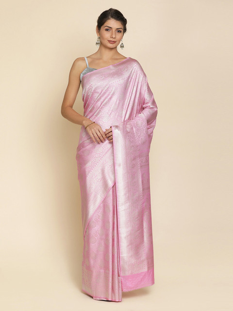 

Koskii Pink & Silver-Coloured Art Silk Woven Design Saree