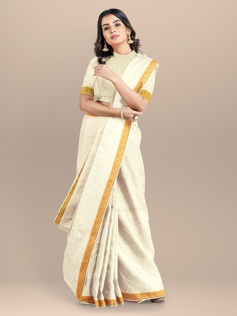 

BharatSthali Cream-Coloured & Gold-Toned Pure Cotton Woven Design Kasavu Sustainable Saree