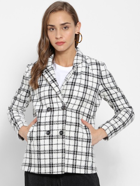 

Campus Sutra Women White & Black Checked Double-Breasted Casual Blazer