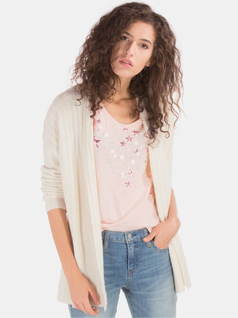 

GAP Women Beige Self Design Open Front Shrug