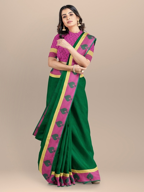 

BharatSthali Green & Pink Silk Cotton Solid Sustainable Saree