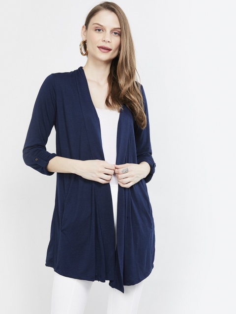 

max Women Blue Solid Open Front Longline Shrug