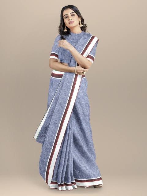 

BharatSthali Blue & White Pure Linen Striped Bhagalpuri Sustainable Saree