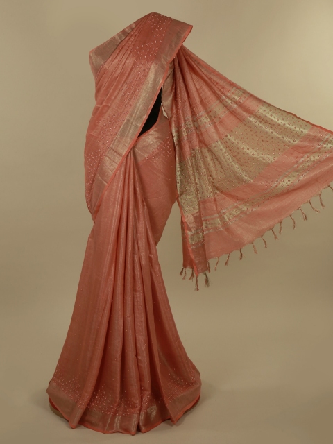 

Pothys Peach-Coloured Embellished Linen Blend Saree