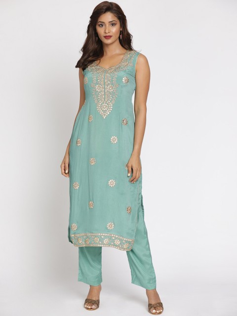 

Koskii Sea Green & Gold-Coloured Gotapatti Embroidered Unstitched Dress Material
