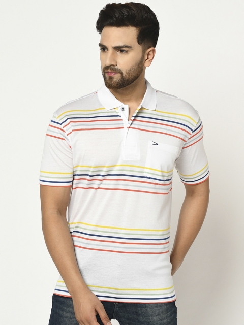 

Duke Men White Striped Polo Collar T-shirt