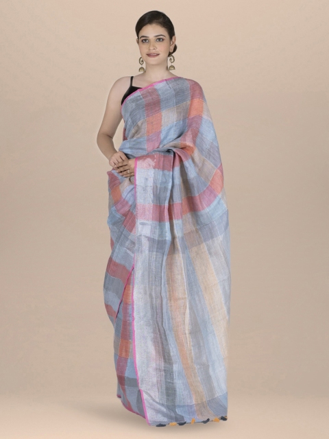 

BharatSthali Blue & Pink Pure Linen Checked Bhagalpuri Sustainable Saree