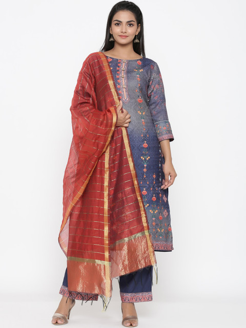 

RANGMAYEE Women Navy Blue & Red Printed Kurta with Palazzos & Dupatta