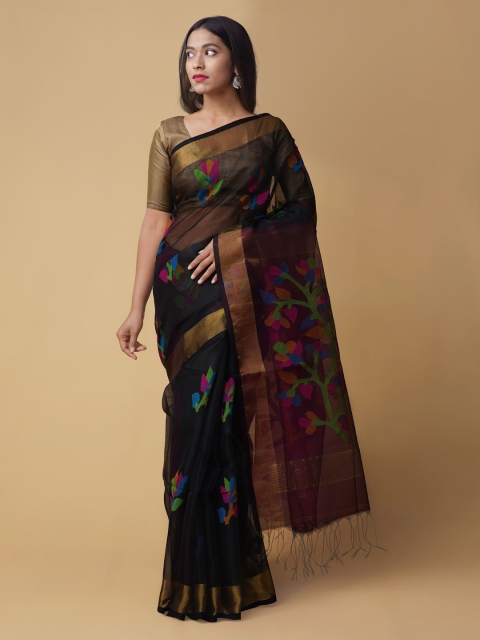 

Unnati Silks Black & Pink Silk Cotton Woven Design Maheshwari Handloom Saree