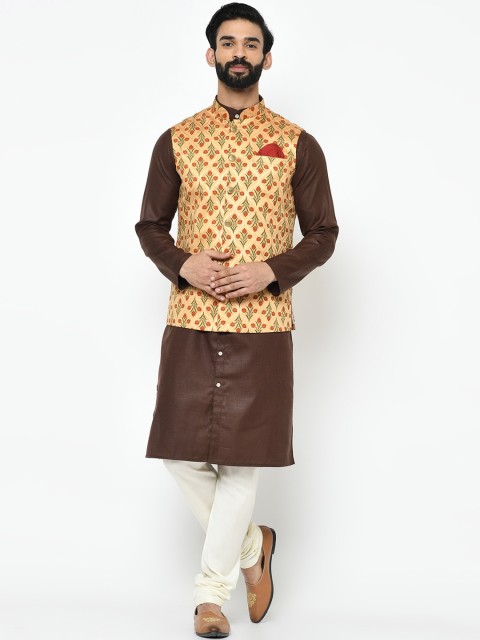 

Vartah Men Brown & Off-White Solid Handloom Kurta with Churidar & Nehru Jacket